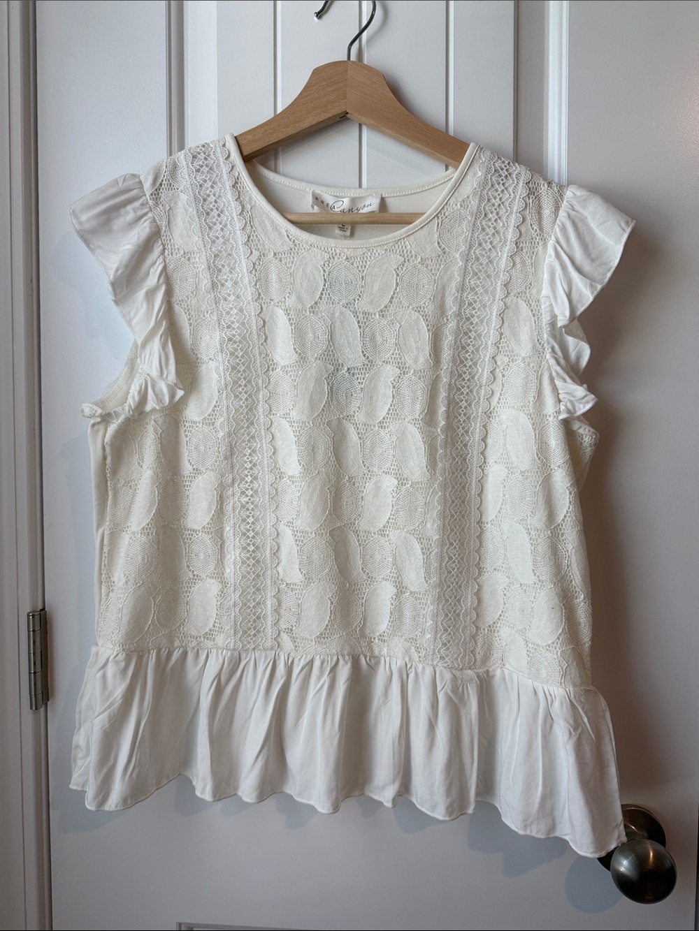 Women's Cream Lace Peplum Blouse - Lightweight Ruffle Sleeve Top